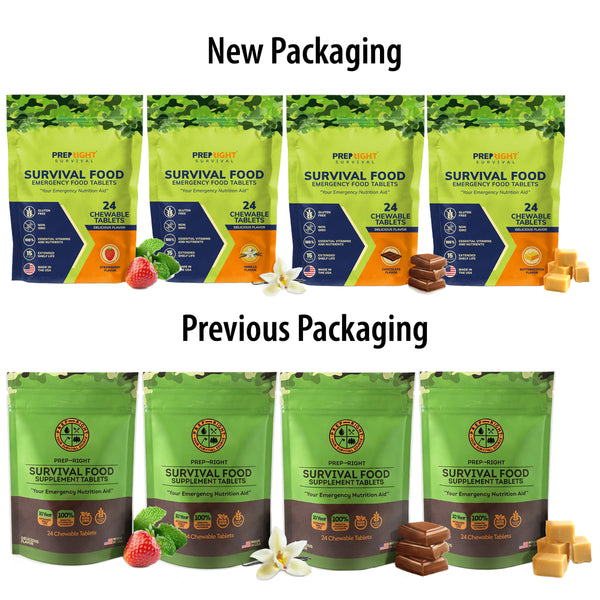 Prep-Right® Survival - Survival Food Tabs, MRE for Camping, Hiking, and Prepper Supplies, Long Term Food Storage, Gluten Free and Non GMO, 15 Year Shelf Life, 24 Count