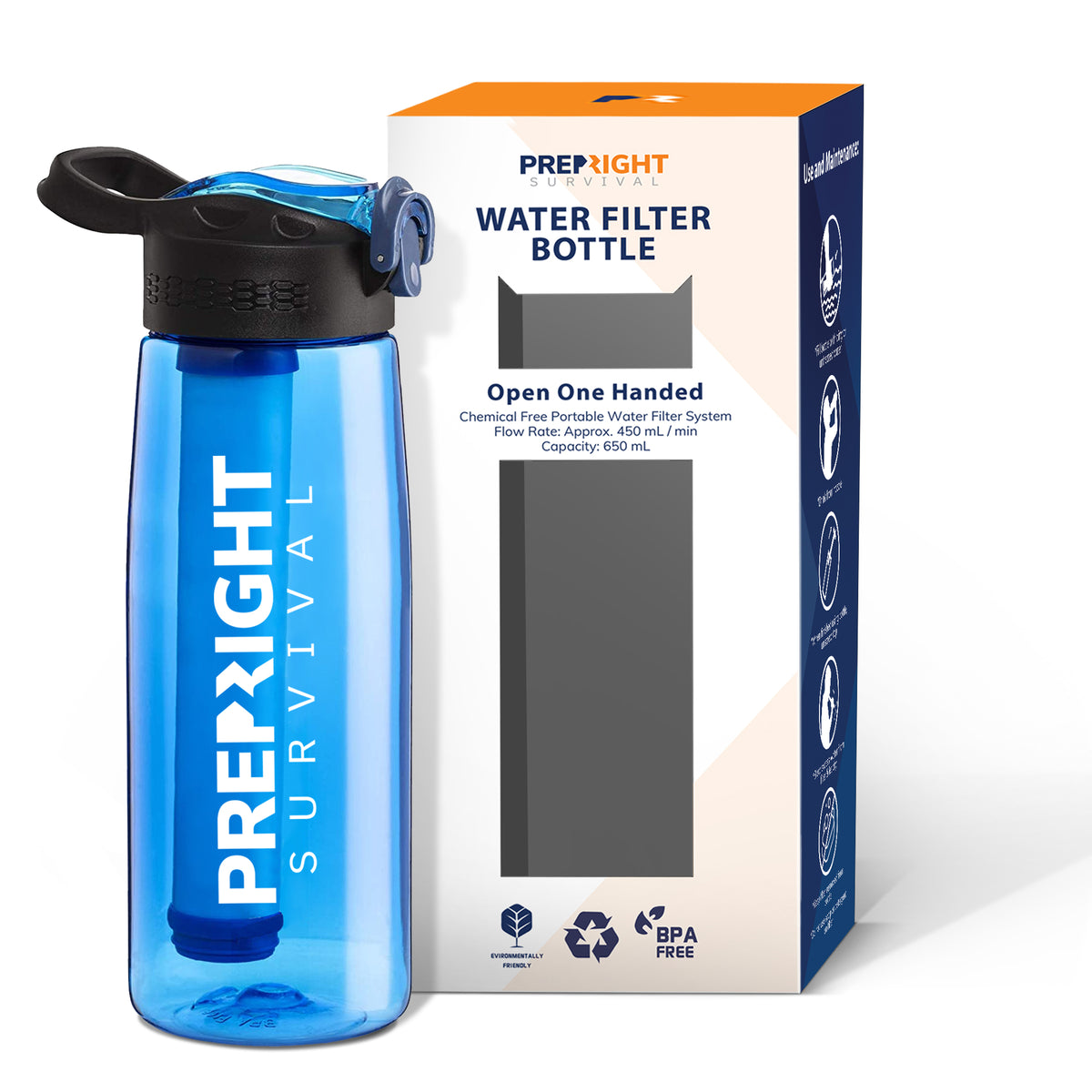 Prep-Right Survival - 4-Stage Water Filter Bottle, BPA-Free Water Bott