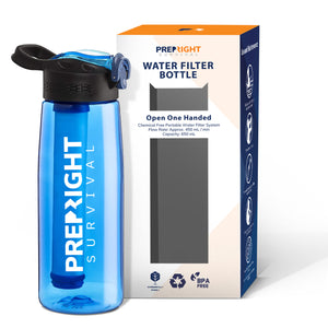 Prep-Right Survival Water Filter Bottle in Blue in front of Prep-Right Survival Water Filter Bottle Box - Open One Handed