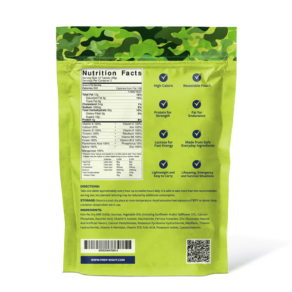 Prep-Right® Survival - Survival Food Tabs, MRE for Camping, Hiking, and Prepper Supplies, Long Term Food Storage, Gluten Free and Non GMO, 15 Year Shelf Life, 24 Count