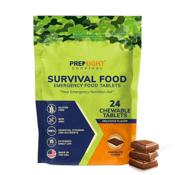 Prep-Right Survival - Survival Food Tabs, MRE for Camping, Hiking, and Prepper Supplies, Long Term Food Storage, Gluten Free and Non GMO, 15 Year Shelf Life, 24 Count