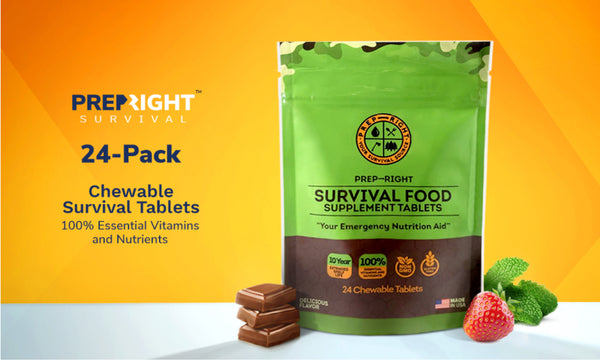Prep-Right® Survival - Survival Food Tabs, MRE for Camping, Hiking, and Prepper Supplies, Long Term Food Storage, Gluten Free and Non GMO, 15 Year Shelf Life, 24 Count