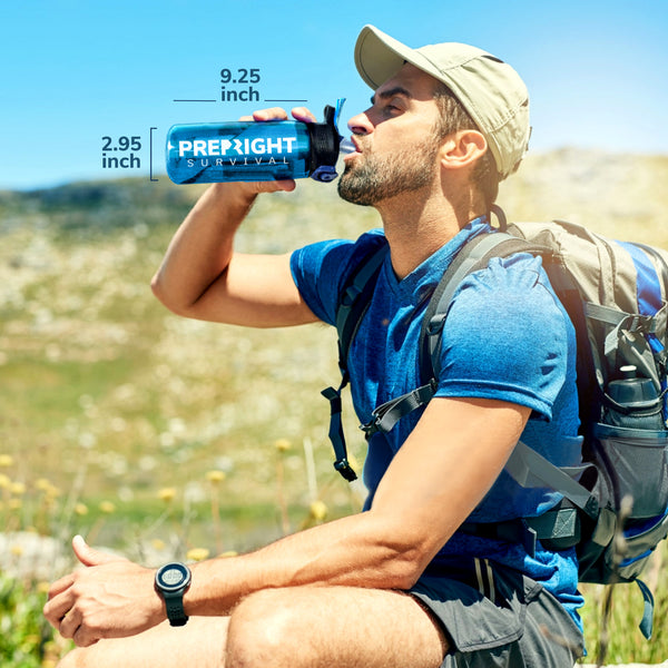 Hiker drinking from Prep-Right Survival Water Filter Bottle measuring at 9.25 inches long by 2.95 inches wide