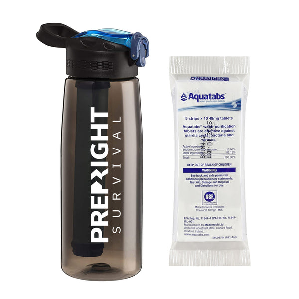 Prep-Right Survival Water Filter Bottle in Black For Clean Water Plus 50 Count Aquatabs Water Purification Tablets
