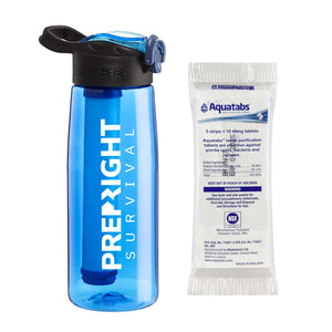Prep-Right Survival Water Filter Bottle in Blue For Clean Water Plus 50 Count Aquatabs Water Purification Tablets
