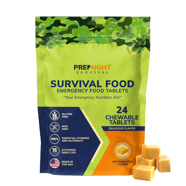Prep-Right Survival - Survival Food Tabs, MRE for Camping, Hiking, and Prepper Supplies, Long Term Food Storage, Gluten Free and Non GMO, 15 Year Shelf Life, 24 Count