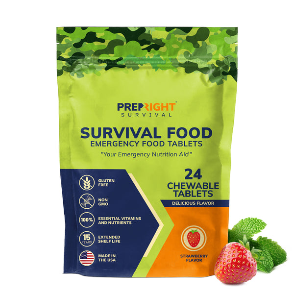 Prep-Right Survival - Survival Food Tabs, MRE for Camping, Hiking, and Prepper Supplies, Long Term Food Storage, Gluten Free and Non GMO, 15 Year Shelf Life, 24 Count