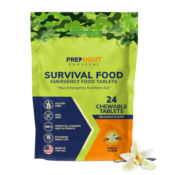 Prep-Right® Survival - Survival Food Tabs, MRE for Camping, Hiking, and Prepper Supplies, Long Term Food Storage, Gluten Free and Non GMO, 15 Year Shelf Life, 24 Count