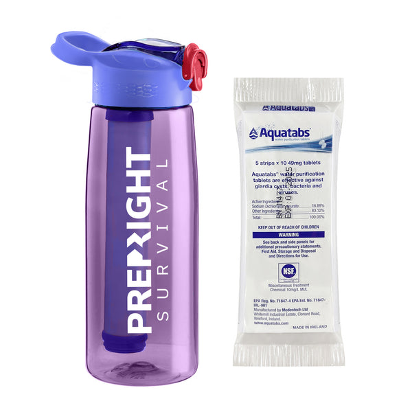 Prep-Right Survival Water Filter Bottle in Purple For Clean Water Plus 50 Count Aquatabs Water Purification Tablets