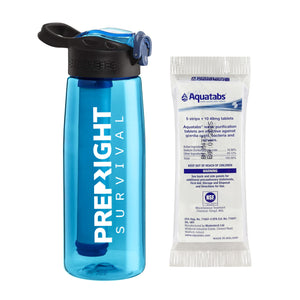 Prep-Right Survival Water Filter Bottle in Teal For Clean Water Plus 50 Count Aquatabs Water Purification Tablets